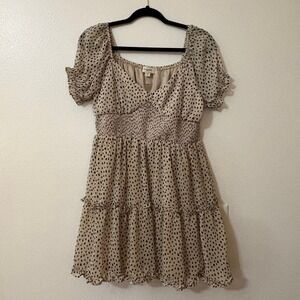No‎ Comment Chic Flowy Ruffled Dress Black Dot Tan Women's Large